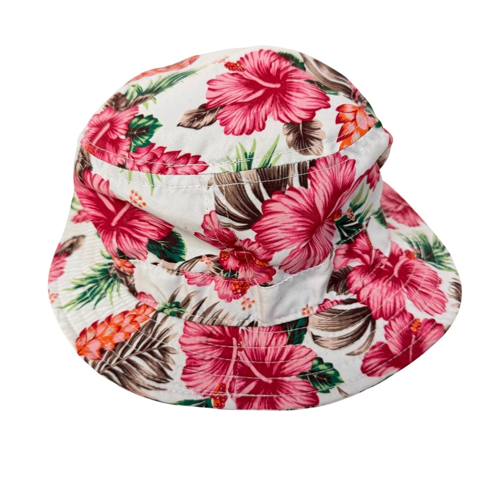 Vans Bucket Hat Unisex OS White Pink Tropical Hibiscus Floral Print Logo Patch - Picture 2 of 5